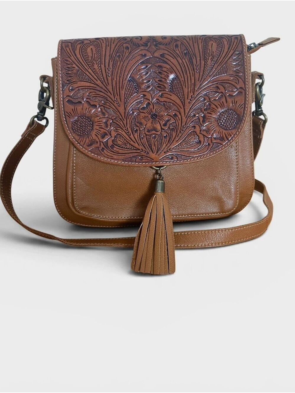 Myra Bag Hand-Tooled Leather Crossbody Bag | Tooled Floral Flap